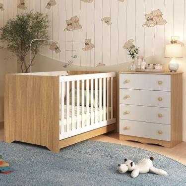 Imagem de Berço Americano 3 em 1 com Cômoda 4 Gavetas Realeza Multimóveis Mp4689 Madeirado/off White