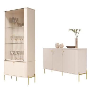 Imagem de Conjunto Cristaleira e Aparador Buffet Tucupí com 3 Portas Off White/dourado