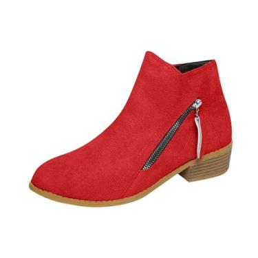 Imagem de Botas femininas com zíper lateral, salto grosso, bico fino, cano baixo, para outono, casual, versátil, estilo legal com salto grosso, Vermelho, 39