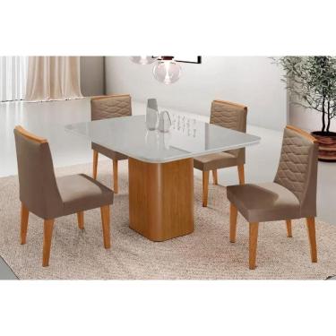 Imagem de Sala Jantar Mesa Maldivas Tampo c/ Vidro Curvo 90cm+4 Cadeiras Maldivas Madeira Naturale/Off White - Capuccino/Suede Capuccino - Rufato
