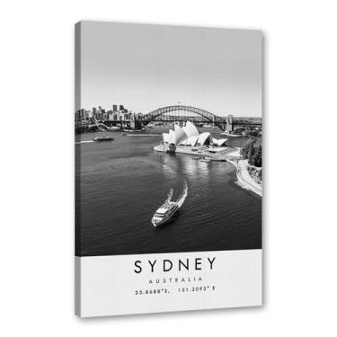 Imagem de Pôster de viagem preto e branco impressão paisagem da cidade do mundo pintura em tela Sydney arte de parede decoração de casa (16 x 24 polegadas (40 x 60 cm), emoldurado)