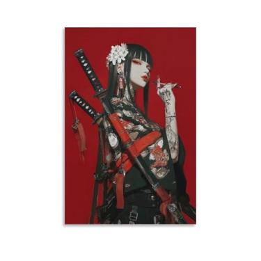 Imagem de MFOOYYI Menina com espadas de samurai e tatuagem em tela decoração de parede para quarto sala de estar escritório banheiro casa fotos impressão decoração de parede 12 x 18 polegadas (30 x 45 cm)