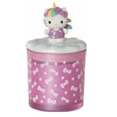 Imagem de Vela de soja de vidro com tampa de unicórnio Hello Kitty, 10 cm C x 10 cm L x 18 cm A. Criado por Blue Sky Clayworks
