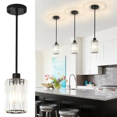 Imagem de GZJunYo Luminárias pendentes pretas, pacote com 3 mini luminárias modernas de cristal para cozinha sobre a ilha, 1 luminária pendente para ilha de cozinha, sala de jantar, corredor, hall de entrada