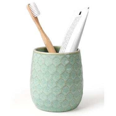 Imagem de Suporte de escova de dentes, suporte de escova de dentes para banheiro - Porta-escova de dentes de cerâmica para bancada, suporte de pincel de maquiagem verde, suporte de caneta, 9,2 cm x 9,2 cm x 10