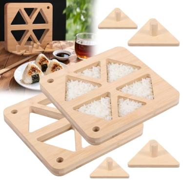 Imagem de Conjunto de 2 peças de moldes de bola de arroz de bambu Onigiri, moldes de bola de arroz triangular com placa de prensa, máquina clássica de madeira Musubi para crianças, almoço, piquenique, família