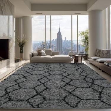 Imagem de ARKIIKI Tapetes grandes para sala de estar, 20 x 25 cm, cinza fofo e preto, tapetes felpudos geométricos macios e felpudos, tapete de quarto de crianças grandes, tapete moderno de pelúcia