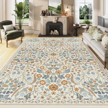 Imagem de ARKIIKI Tapete floral lavável 20 x 25 cm para sala de estar, tapete boho vintage macio antiderrapante, floresta botânica, bege, tapete baixo para quarto, sala de jantar, escritório em casa, dormitório