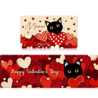 Imagem de Conjunto de 2 tapetes de cozinha para o Dia dos Namorados, tapetes de cozinha laváveis com coração de amor vermelho, antiderrapante, preto, gato, dia dos namorados, decoração de casa, 43 x 123 x 73 cm