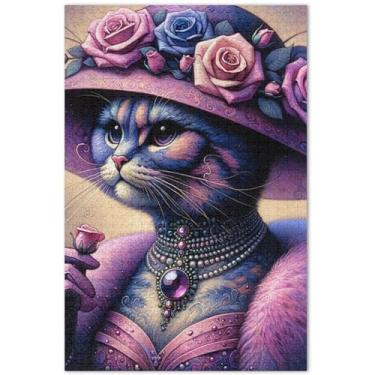 Imagem de Quebra-cabeça fofo com flores de gato para adultos, 500 peças, quebra-cabeças engraçados de cenário de inverno, arte de pintura animal, 50 x 35 cm