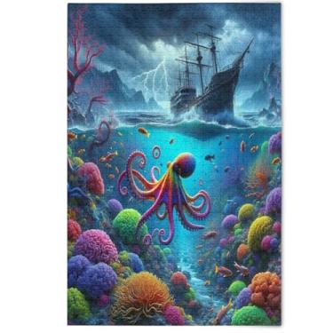 Imagem de Quebra-cabeça do mar de polvo tropical adulto 1000 peças, quebra-cabeças divertidos e divertidos para adultos, jogo de família, decoração de casa, 1000 peças, 75 x 50 cm