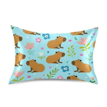 Imagem de Lindas capivaras flores azuis cetim fronhas engraçadas luxo refrescante padrão queen king size fronha de cama tamanho padrão 66.0 cm x 50.8 cm