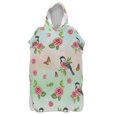 Imagem de Joisal Cute Birds Pink Roses Pastel Surf Poncho Trocador Roupão para Adultos Praia com Capuz Toalha de Banho Absorvente Unissex Adulto Poncho com Capuz