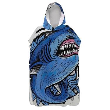 Imagem de Poncho de surfe trocador de roupão para adultos toalha de banho com capuz bonito ponchos de praia reutilizáveis para homens desenho animado tubarão azul arte