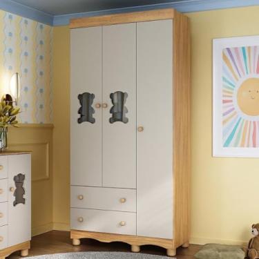 Imagem de Guarda-roupa Infantil 92cm com Vidro 3 Portas e 2 Gavetas Ternura Multimóveis Mp4477 Madeirado/off White