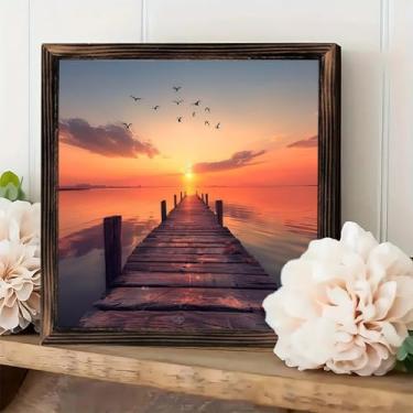 Imagem de Placa de arte de parede emoldurada vintage rústica - "Sunset Pier Birds In Flight " decoração de mesa 20 x 20 cm - presentes para fazenda, cafés, lojas, quarto, banheiro, casa e escritório