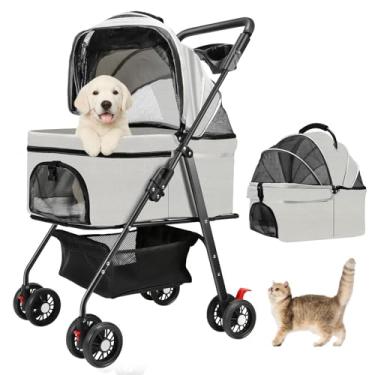 Imagem de AODI Carrinho de bebê para cães e gatos pequenos com 4 rodas, carrinho portátil dobrável para cães com suporte removível, guarda-sol, cesta de armazenamento e suporte de copo, até 15 kg