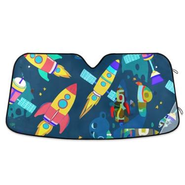 Imagem de Sombra de sol espacial azul foguete colorido de desenho animado personalizado para para-brisa de carro bonito retrátil dobrável caminhão persianas de carro para janelas dianteiras automotivo M, 139,7