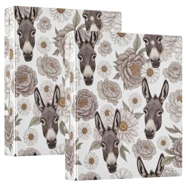 Imagem de Fichários de 3 anéis com cabeças de burro cinzentas, flores, 3 anéis, 200 folhas, cadernos florais de animais, fichário de receitas de anel redondo, 31,5 x 27 x 6 cm, pacote com 2