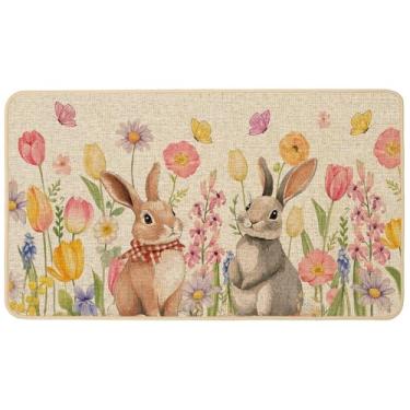 Imagem de Baccessor Tapete de porta Coelhinho da Páscoa Primavera Floral Tulipas Decorativas Coelho Bonito Capacho Frontal Bem-vindo 43 x 73 cm Tapetes de Porta Interior Exterior Antiderrapante Base de Borracha