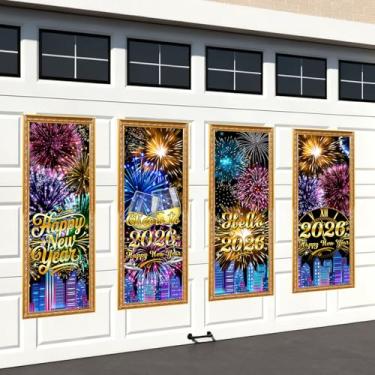 Imagem de AIBIIN 4 peças de banners de festa de ano novo decorações de ano novo 2026 suprimentos de festa sinal de varanda banner colorido fogos de artifício feliz ano novo decoração pendurada decoração 40,6 x
