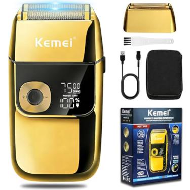 Imagem de Lâminas de barbear elétricas KEMEI para homens, LCD Display Navalhas masculinas sem fio, USB recarregável com aparador de barba pop-up Melhor presente de viagem mundial, Modelo KM 2028, Ouro