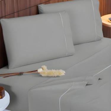 Imagem de Jogo de Lençol Queen 4 Peças 400 Fios Micropercal Toque de Seda Lençol com Elástico Fronhas Ponto Palito(Cinza)