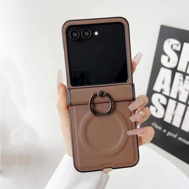 Imagem de Capa clássica de couro com suporte magnético em anel de metal para Samsung Z Flip 6 5 4 3 5g com fivela de dedo (para Galaxy Z Flip 5/Marrom)