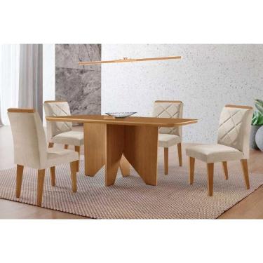 Imagem de Sala Jantar Mesa Nevada Tampo Curvo 120cm+4 Cadeiras Pietá Madeira Naturale - Capuccino/Suede Creme - Rufato
