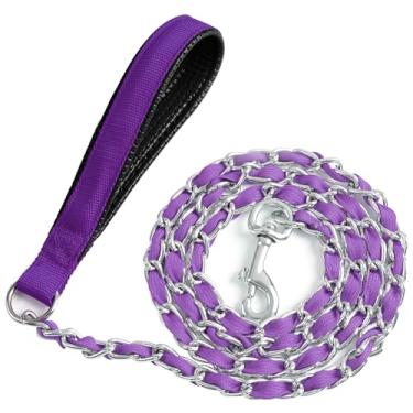 Imagem de LUFFWELL Coleira para cães de metal resistente, à prova de mastigação com alça acolchoada de couro PU, corrente de metal e corda de nylon para treinamento de caminhada de cães pequenos e médios (1,2