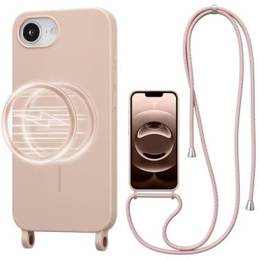 Imagem de UCASONG Capa transversal magnética para iPhone 16E de 6,1 polegadas, capa de silicone líquido com alça ajustável no pescoço, [compatível com MagSafe] Capa protetora de telefone à prova de choque