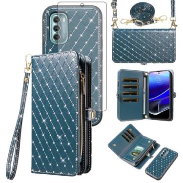 Imagem de Capa de telefone para Motorola Moto G Stylus 5G 2022 carteira com zíper destacável capa protetora de tela de vidro temperado alça flip glitter slot para cartão XT2215-1 XT2215-4 XT2215DL feminino