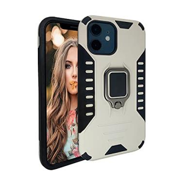 Imagem de MODOS LOGICOS Capa para iPhone 12/iPhone 12 Pro 6,1 polegadas, 2 camadas à prova de choque, capa protetora para celular com suporte de anel giratório de metal 360 integrado, funciona com qualquer suporte magnético de carro - branco acinzentado