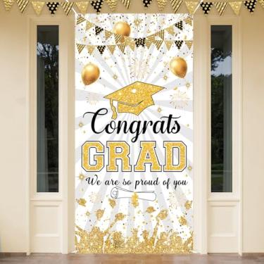 Imagem de Decoração de festa de formatura em ouro branco faixa de porta Parabéns Grad Door Cover Banner We Are So Proud Of You Banner graduação porta da frente sinal de varanda pano de fundo para aulas de 2024