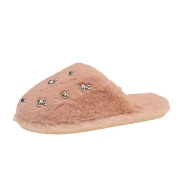 Imagem de Pantufas femininas fofas antiderrapantes com strass e bico de coração espessas para o outono e inverno, rosa, 34