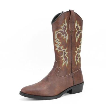 Imagem de Botas de caubói masculinas, de couro PU, bico redondo, bordadas, com sola de borracha e salto alto, Marrom-escuro, 39 BR