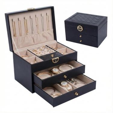 Imagem de Porta Joias 3 Camadas com 2 Gavetas com Fechadura – Organizador de Joias e Bijuterias Preto em Couro com Interior em Veludo para Anéis, Brincos, Colares, Pulseiras e Relógios