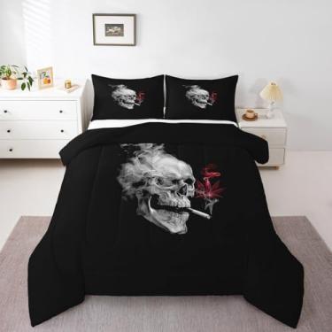 Imagem de Erosebridal Conjunto de edredom Queen, com estampa de caveira esfumaçada, folhas de maconha vermelha, para crianças, meninos, meninas, adolescentes, edredom com esqueleto gótico, planta tripla e