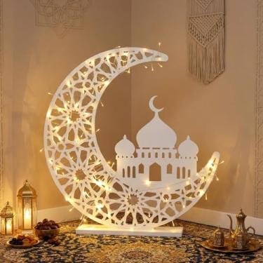 Imagem de Thyle Lâmpada de lua crescente Eid Mubarak decoração LED iluminada lua Ramadã decoração para casa quarto sala de estar lâmpada de cabeceira operado por bateria Celestial Eid decorações presentes