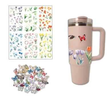 Imagem de 6 folhas de flores transparentes naturais e 40 peças de adesivos de borboleta realistas para decoração de copos Stanley, decalques de vinil personalizados à prova d'água fofos para copo faça você