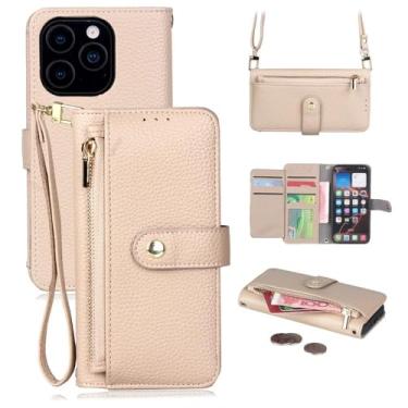 Imagem de Carteira com zíper, capa transversal para celular para iPhone 17 Pro Max 16e 16 15 14 13 12, alça de pulso, alça de ombro, suporte para celular, cor damasco, para iPhone 13 Pro