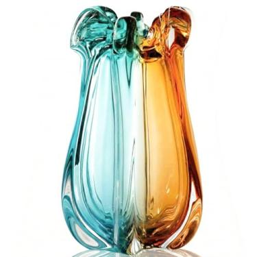 Imagem de Vaso de vidro artístico soprado à mão para decoração, vaso de flores grande e pesado de boca larga, peça central de sala de estar estilo murano art déco, decoração de sala de estar azul-petróleo e
