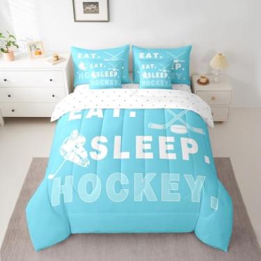 Imagem de jejeloiu Conjunto de edredom azul claro de hóquei no gelo, 7 peças, solteiro, esportes no gelo, jogador, disco de hóquei, cama de hóquei em uma bolsa, conjunto de cama para esportes de inverno com
