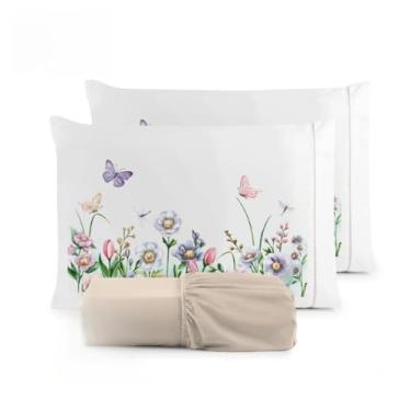 Imagem de Kit Jogo De Cama Lençol Liso Fronha Estampada Micropercal 400 Fios Ponto Palito(Borboleta Lençol Avelã,Casal King 03 Peças)