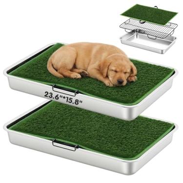 Imagem de Shimeyao 6 peças de almofada de grama para cães com bandeja inclui 2 bandejas de aço inoxidável de 60 cm x 40 cm, 2 tapetes de grama artificial e grades de suporte estável, vaso sanitário portátil