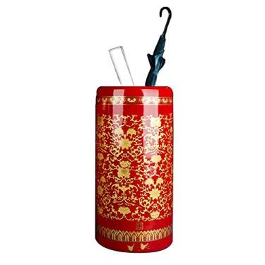 Imagem de Suporte de guarda-chuva vermelho redondo de cerâmica, suporte de guarda-chuva retrô com padrão para postes de flores/decoração/trekking, pequeno