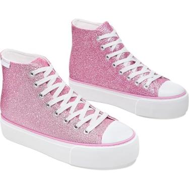 Imagem de ALTOCIS Tênis feminino de cano alto com glitter, plataforma de cano médio, com lantejoulas brilhantes, lindos e brilhantes, plataforma, sapatos de caminhada, Glitter rosa, 35