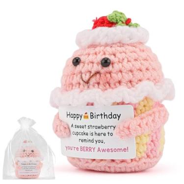 Imagem de CUBACO Positive Crochet Strawberry Cupcake Plush - Happy Birthday Gift for Women, Men, Best Friend, Coworkers, Sister, Girlfriend, Wife, Daughter, Handmade Crochet with Happy Birthday Gift Card
