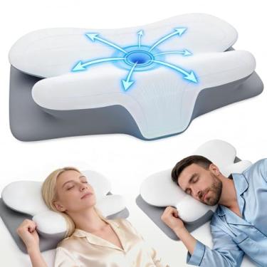 Imagem de Travesseiro cervical refrescante para alívio da dor no pescoço e ombro, travesseiro ergonômico de espuma viscoelástica para pescoço, travesseiros ortopédicos de altura dupla 2 em 1 para dormir de