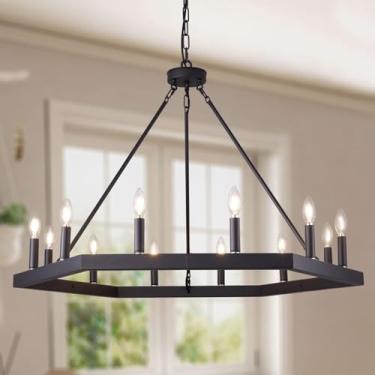 Imagem de Wellmet Lustre preto de fazenda, lustres grandes para sala de jantar, luminária hexagonal de roda de vagão do oeste selvagem para foyer, lustre de teto alto para sala de estar, quarto moderno, 101,6